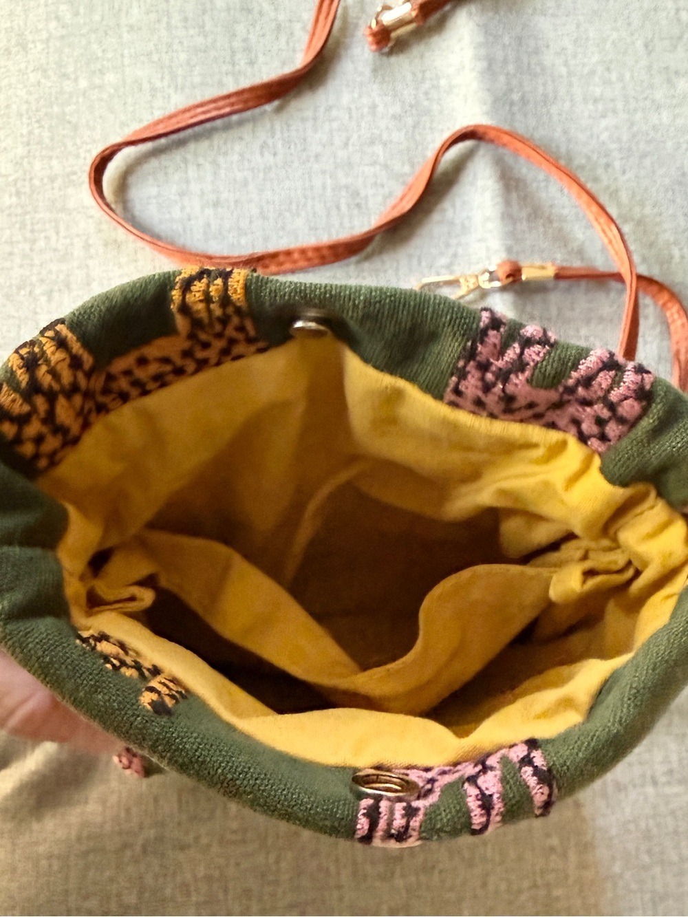 PURRFECT GIFT! Green Canvas Pink & Orange Cat Embroidered Crossbody Bag | NWT - Picture 7 of 9